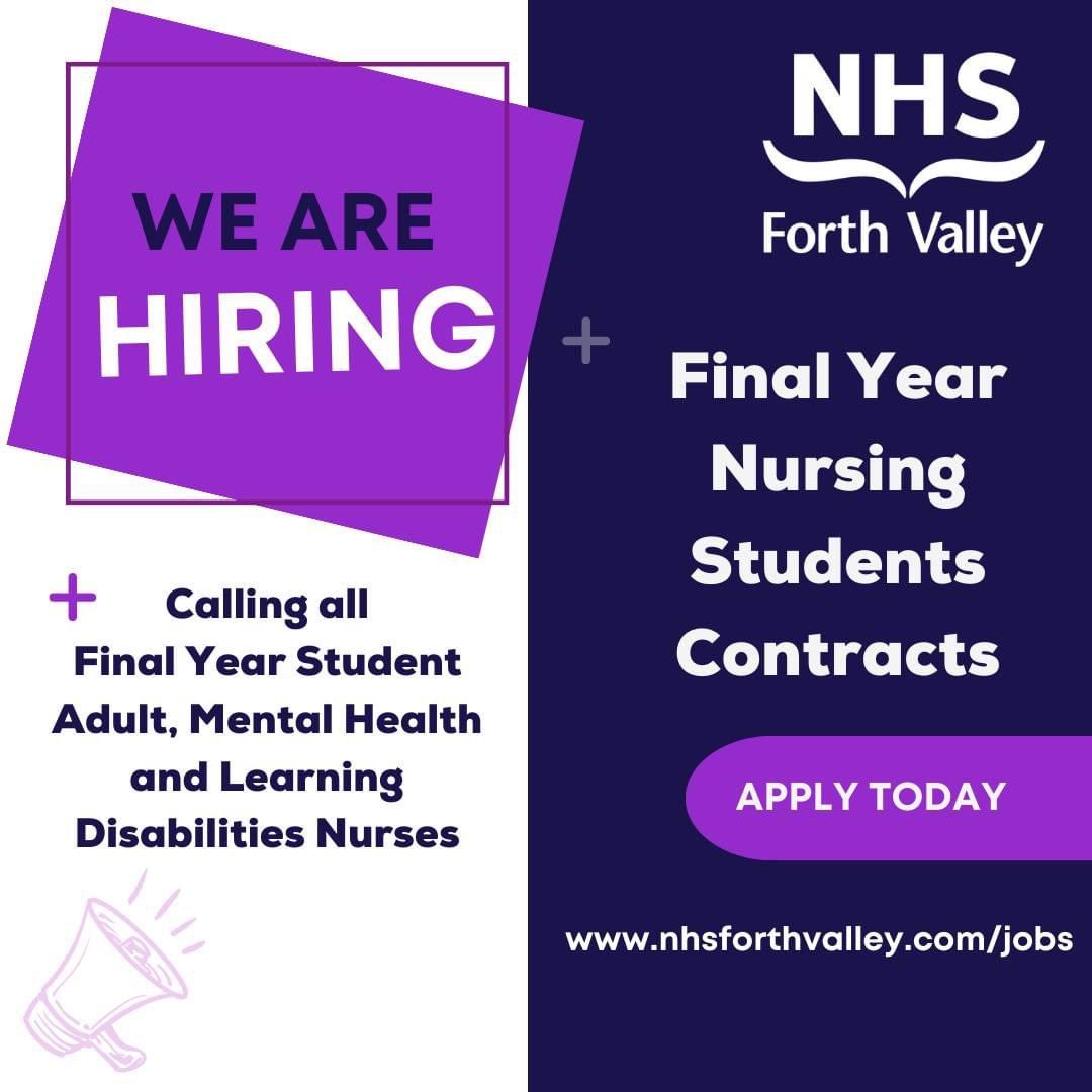 Calling all undergraduate nursing students Adult,MH &LD @GCUNursing @uwshealth @QMUniversity @EdinburghNapier if you are planning on a career @NHSForthValley our BAND4 contracts are open to you. We have an exciting summer education program to support transition #graduatenurse24