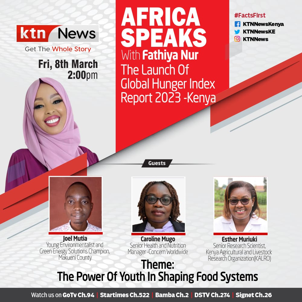 📌Join us this afternoon at 2:00pm EAT on KTN news for an engaging discussion led by our expert panel on the 2023 Global Hunger Index Report themed: ✅THE POWER OF YOUTH IN SHAPING FOOD SYSTEMS.

 #GlobalHungerIndex2023 #GHI2023