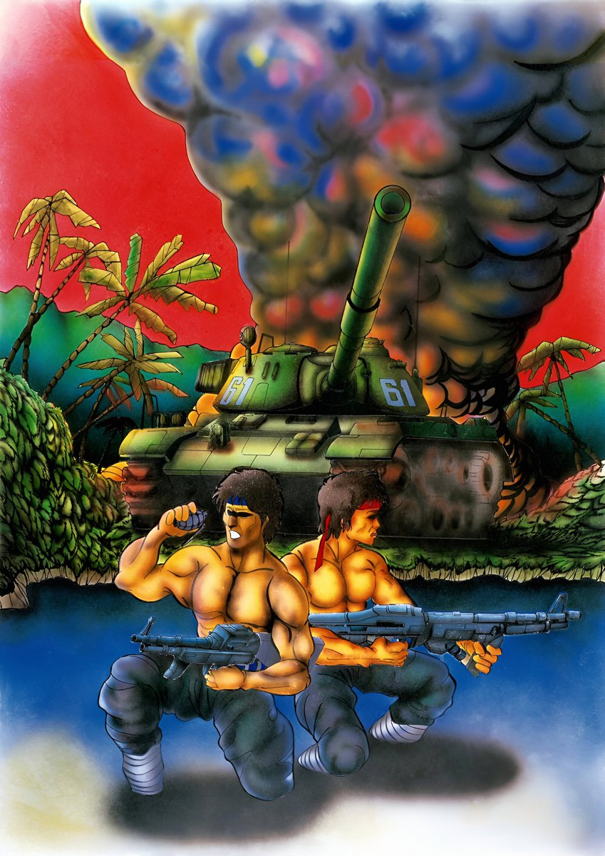 peachflavor3d's tweet image. My attempt to restore the artwork of #IkariWarriors used for arcade advertisement flyers in Japan. Used different sources to blend in the missing bit at the top. Usual upscale/clean/retouch process applied. Any info on the artist is appreciated.