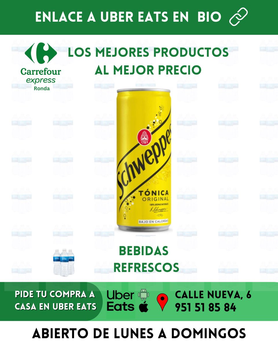 CarrefourRonda's tweet photo. ✅ Bebidas I Tónica Schweppes lata 33 cl.
➡ Puede realizar sus pedidos en UBER EATS >> https://t.co/HcJ5aJdboL
.
.
.
#Carrefour #carrefourexpress #ronda #serraniaderonda #costadelsol #marbella #estepona #bio https://t.co/Av9S8FRYf7