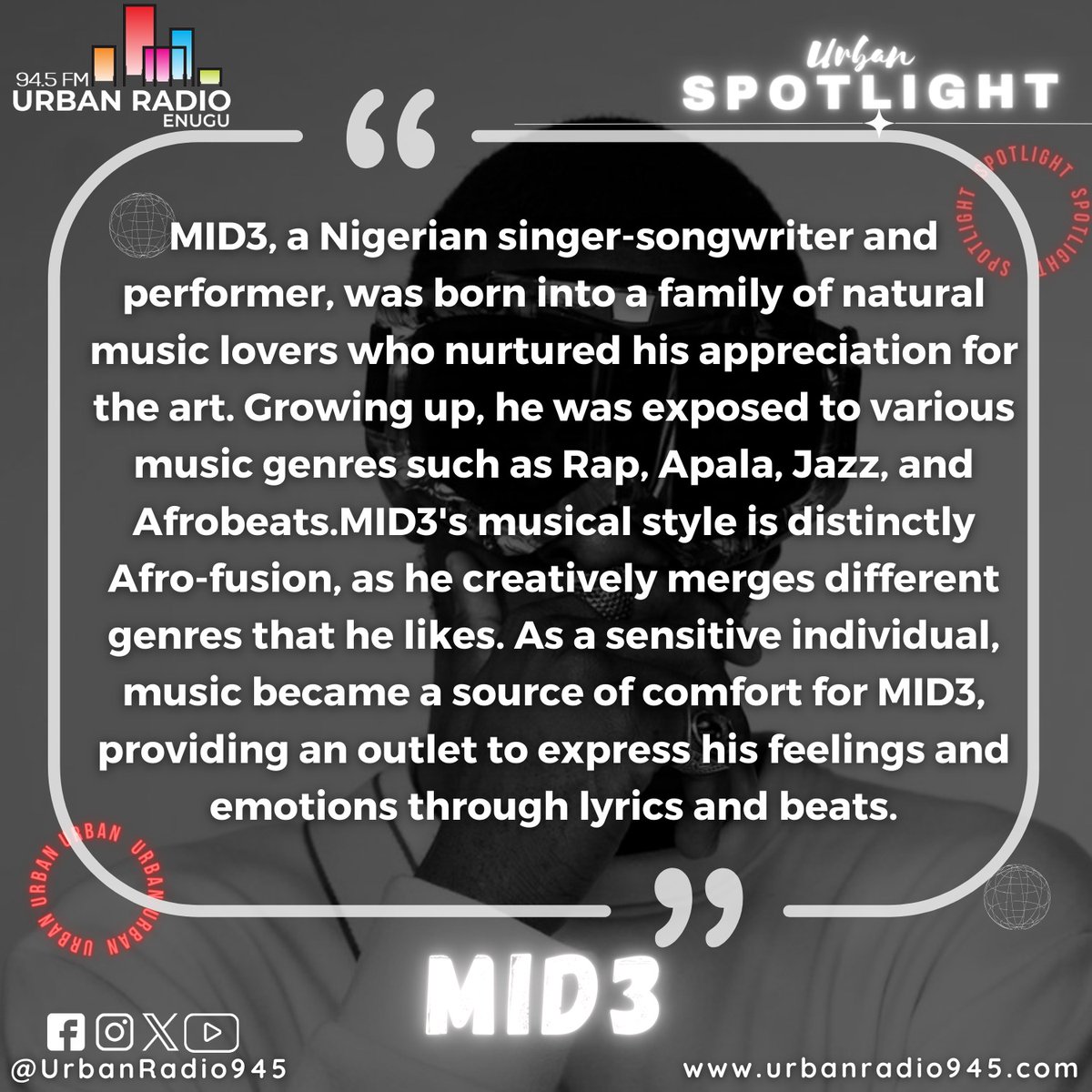 UrbanRadio945's tweet image. On The #UrbanSpotlight today we have the sensational @UglyMID3 .
Discover his Scintillating and Captivating Sounds.

#UrbanRadio945 #FreakyFriday
