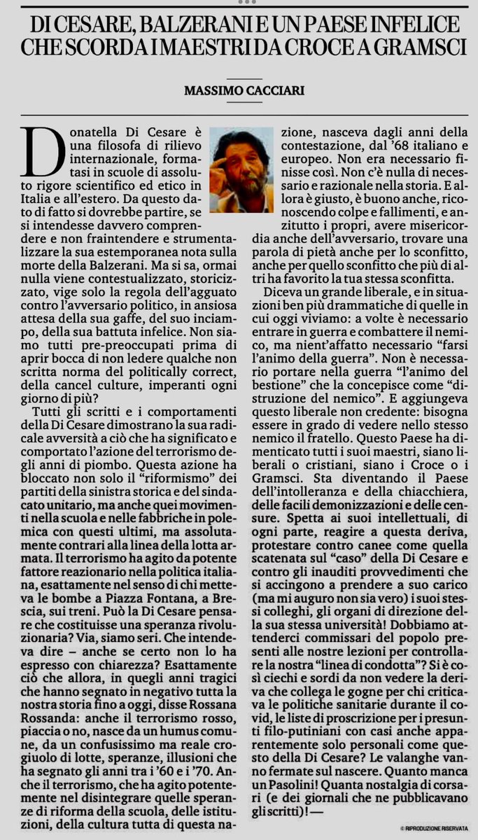 Dopo la canea montata da Donzelli, da Salvini, da Gramellini, dalla rettrice e dalla preside della facoltà di lettere e filosofia della Sapienza e, ahimè, in un crescendo rossiniano, da Cuperlo, finalmente un intervento che fa chiarezza sul caso Di Cesare -  Balzerani
Ne