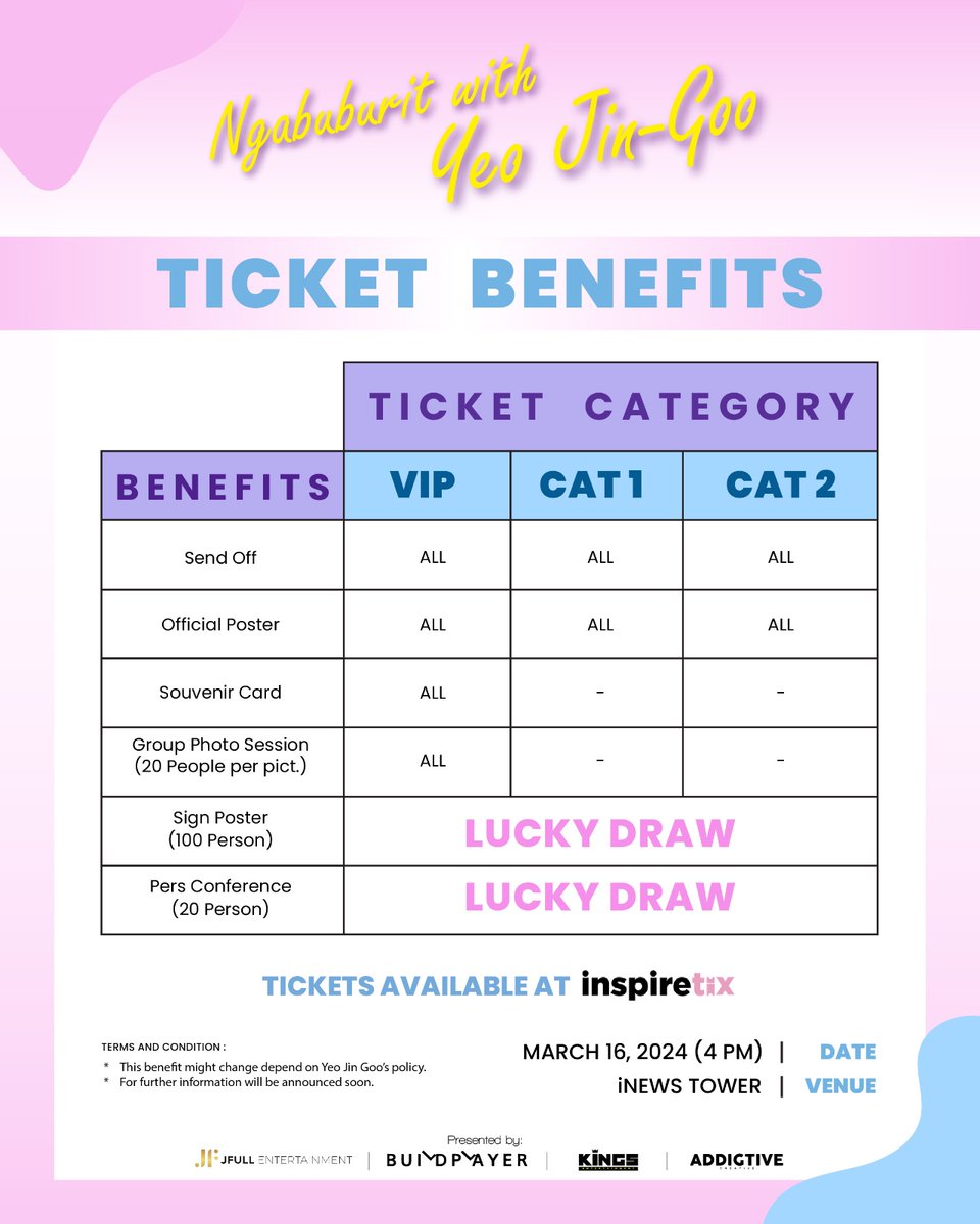 addigtiveid's tweet photo. Yeo U! This is the ticket benefits for the 2024 Yeo Jin Goo Fanmeeting in Jakarta

📢The ticket will be released on Monday, 26th 2024.

For futher information will be announced soon ☕

#YeoJinGooinJKT #YeoU #FanMeetYeoJinGoo2024 #Addgtive #AddigtiveEntertainment
#SailingWithUs https://t.co/iEDIjI3q41