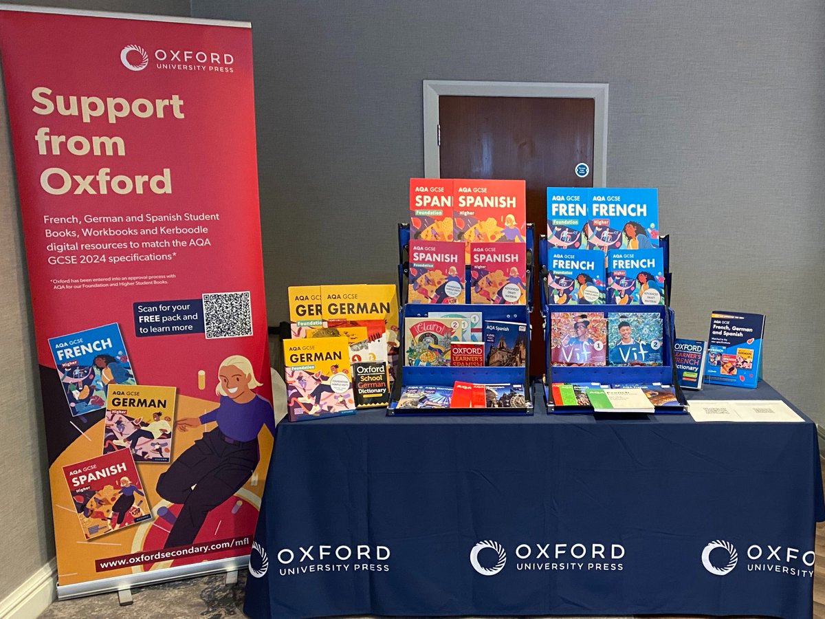 We’re all set up and looking forward to meeting everyone at @ALL4language conference! Come and see Elaine & Tracey on the OUP stand to find out all about our NEW @AQA approved GCSE resources! 🇫🇷🇩🇪🇪🇸 #LW2024