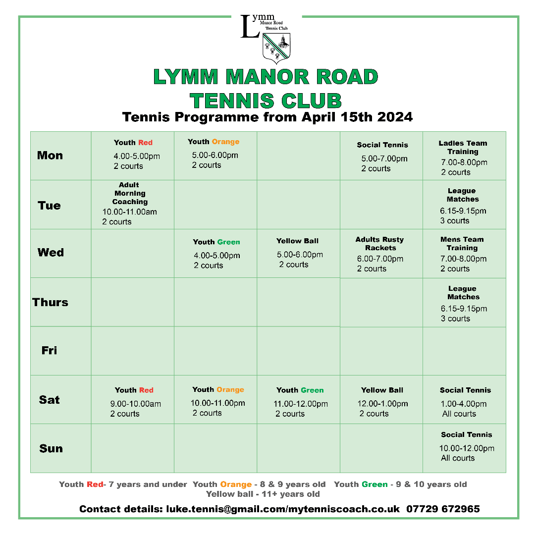 Remember, we also have Adult Social Tennis every Saturday 1pm - 4pm (weather permitting) and also Sunday mornings from 10am til noon - ALL WELCOME!