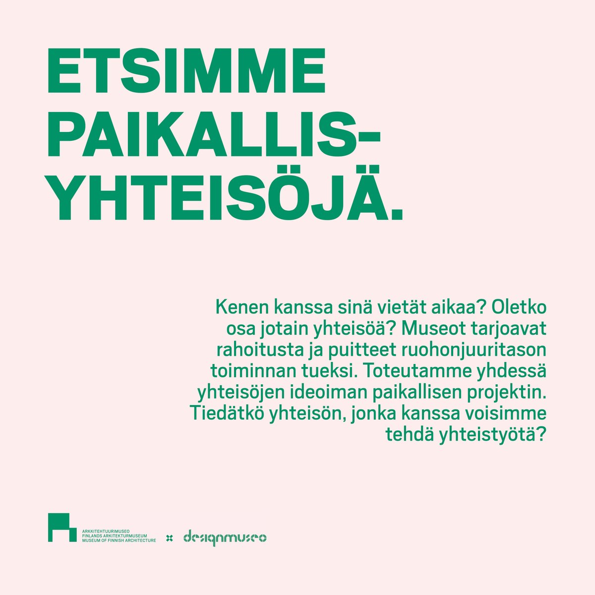 Arkkitehtuuria laatikon ulkopuolella -hankkeessa etsitään uusia tapoja, joilla paikalliset yhteisöt pääsevät vaikuttamaan omaan lähiympäristöönsä ja museon toimintaan. Tiedätkö paikallisyhteisön, jonka kanssa voisimme tehdä yhteistyötä? Vinkkaa meille 💬  
mfa.fi/arkkitehtuuria…