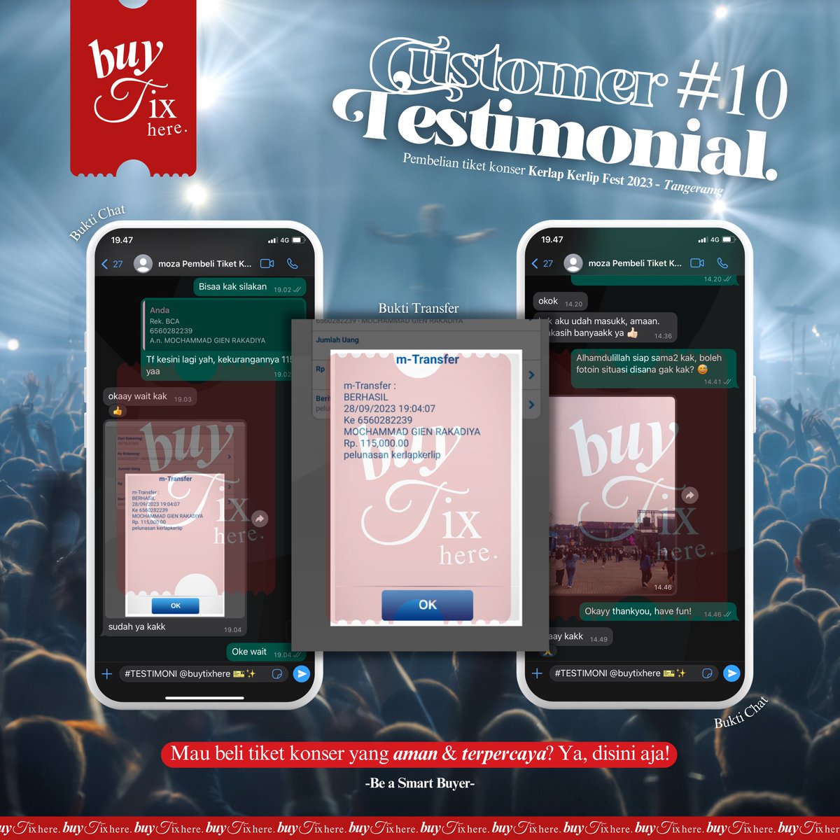 buytixhere's tweet photo. 𝗖𝘂𝘀𝘁𝗼𝗺𝗲𝗿 𝗧𝗲𝘀𝘁𝗶𝗺𝗼𝗻𝗶𝗮𝗹 #10

Terimakasih telah percaya untuk membeli tiket konser “Ruang Indonesia Fest 2023” di 𝗕𝘂𝘆 𝗧𝗶𝘅 𝗛𝗲𝗿𝗲 🎫✨

“BE A SMART BUYER”

#buytixhere
#testimonial 
#tiketkonser
#zonauang https://t.co/GNv51dWHTu