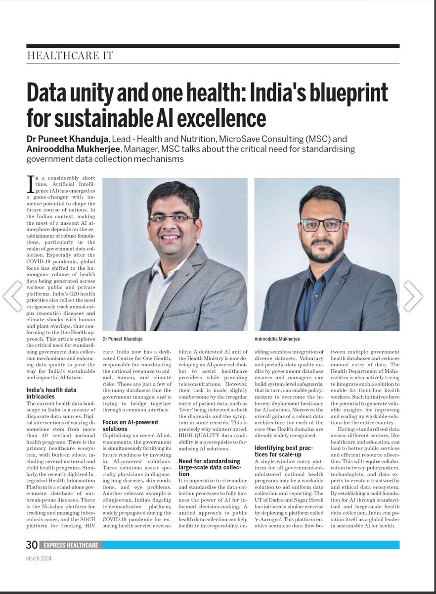 MicroSave's tweet photo. When India’s health data meets AI! Why is the integration of India’s diverse health databases vital to harness AI sustainably & create a healthy future for all? Find your answers in this article on Express Healthcare: https://t.co/OZNBwc3Ewo

#HealthDataRevolution #AIHealth #ABDM #MoHFW