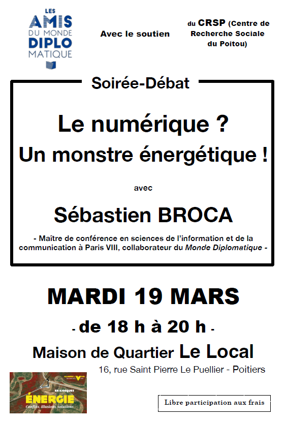 Pour les gens de Poitiers et alentours, une nouvelle soirée débat des Amis du Monde diplomatique où il sera question d'énergie.