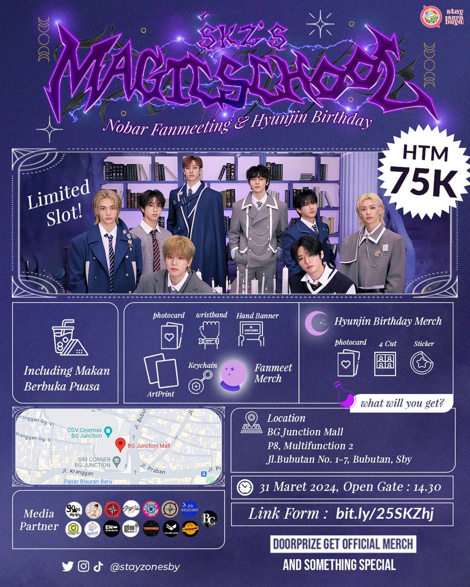 stayzonesby's tweet photo. 💜🪄 Nobar SKZ 4th Fanmeeting 'MAGIC SCHOOL' &amp; Hyunjin's Birthday 🪄💜
event by @stayzonesby

HTM : 75k
Bookslot (DP): 40K

🗓️ : Minggu, 31 Maret 2024
⏰ : 14.30 (Open Gate) 
📍: BGJ (P8 Multifunction 2)

*LIMITED SLOT*

Last bookslot: 11 Maret 2024
RSVP : https://t.co/xjCiPizwGf https://t.co/rKlfKfttNR