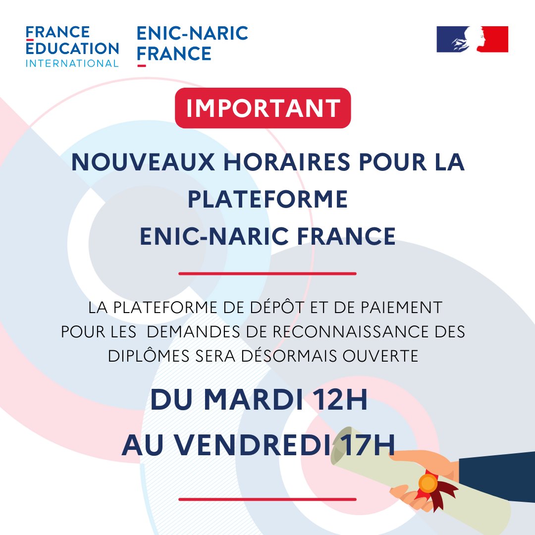 Votre service de reconnaissance des diplômes étrangers évolue ! 

À partir du 8 mars, la plateforme de dépôt du centre ENIC-NARIC France pour la reconnaissance de diplômes sera désormais ouverte chaque semaine du mardi 12h au vendredi 17h.