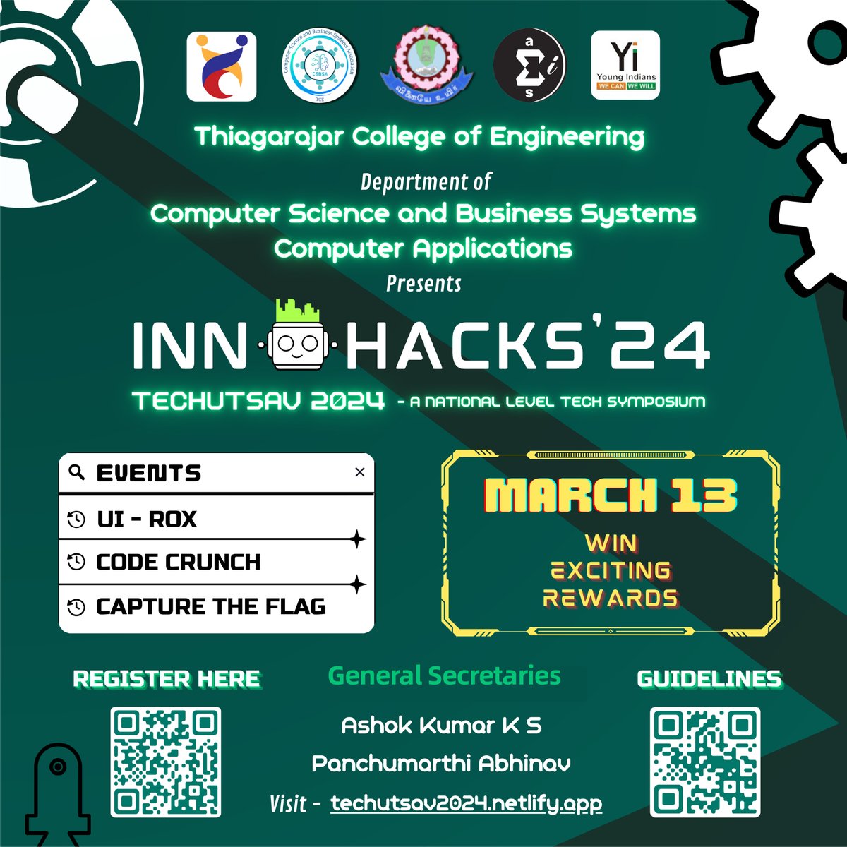 tceofficialpage's tweet image. 🎉Join us for INN HACKS&apos;24 at TCE! 💻 Exciting tech symposium featuring UI-ROX, CODE CRUNCH, CAPTURE THE FLAG! 🏆13.O3.24. Visit techutsav2024.netlify.app. #TechSymposium #INNHACKS24 #TechUtsav2024 #ThiagarajarCollegeOfEngineering #ComputerScience #BusinessSystems #ExcitingRewards