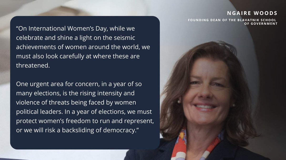 A message from our Dean @NgaireWoods this International Women's Day. Read the full report published today here: bsg.ox.ac.uk/news/new-repor… @alfredlandecker @HateAid #IWD2024