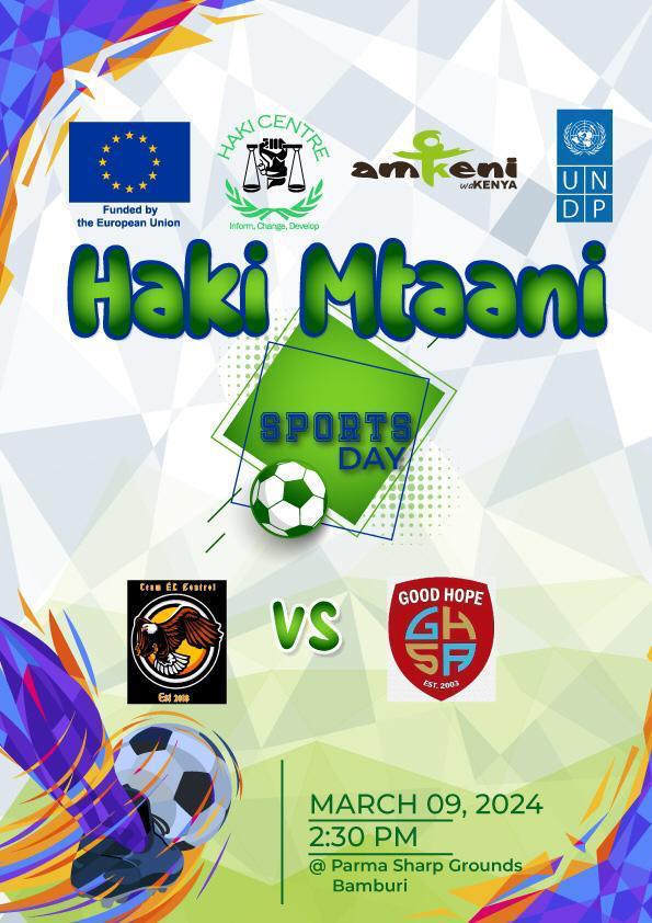 Tomorrow is Match day!
This is an avenue for the youth to learn personal and social responsibility through sports and discourage social vices  like drug abuse,criminal behavior &amp; other social vices.Probono legal advice and representation services will be available
Come tujibambe!