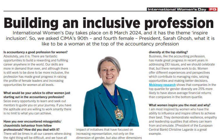 CIMA’s President Sarah Ghosh says women need to find their voice and call out poor behaviours, not only for themselves but also for those that will follow. Read more in the latest PQ magazine: issuu.com/pqpublishing/d… @CIMA_News #IWD2024 #inspireInclusion @CIMA_UK_News @CIMA_GC