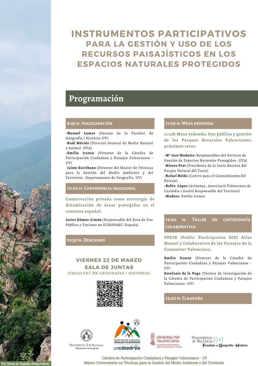 🔶Seminario "Instrumentos participativos para la gestión y uso de los recursos paisajísticos en los Espacios Naturales Protegidos".
🏫Sala de Juntas de la Facultat de Geografia i Història, <a href="/UV_EG/">Universitat València</a>  
🗓️22 de marzo. 9:45h.
¡Os esperamos!