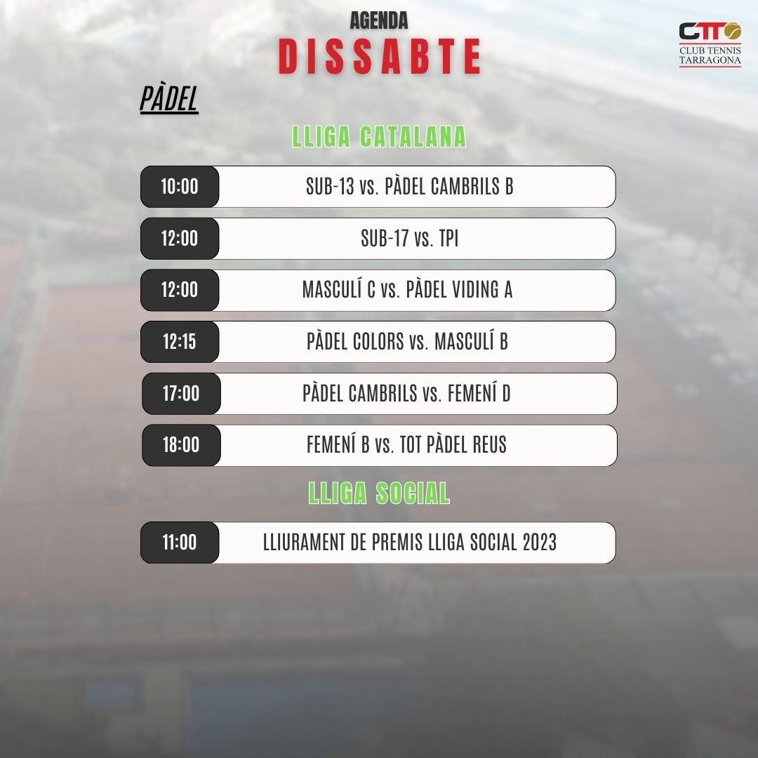 TennisTarragona's tweet photo. AGENDA CTT DEL CAP DE SETMANA⚫️🔴
AMUNT CTT😍
CLUB TENNIS TARRAGONA, #LATEVACASA🖤❤
#totsfemctt #joemsumoalctt #ctt #clubtennistarragona #comunitatctt #femfamilia #tennis #padel #gym #outdoor #calaromana https://t.co/nDVhw7qpK3