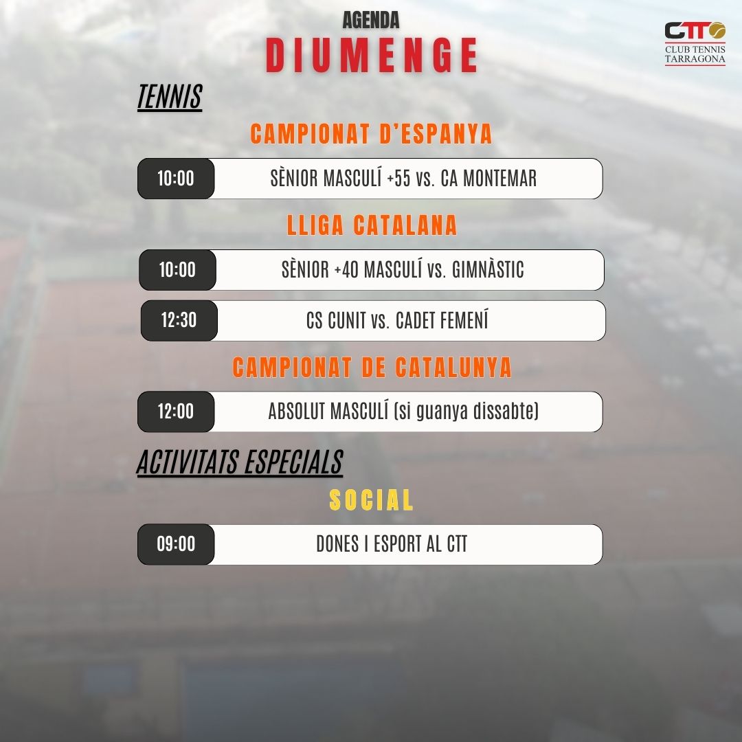 TennisTarragona's tweet photo. AGENDA CTT DEL CAP DE SETMANA⚫️🔴
AMUNT CTT😍
CLUB TENNIS TARRAGONA, #LATEVACASA🖤❤
#totsfemctt #joemsumoalctt #ctt #clubtennistarragona #comunitatctt #femfamilia #tennis #padel #gym #outdoor #calaromana https://t.co/nDVhw7qpK3
