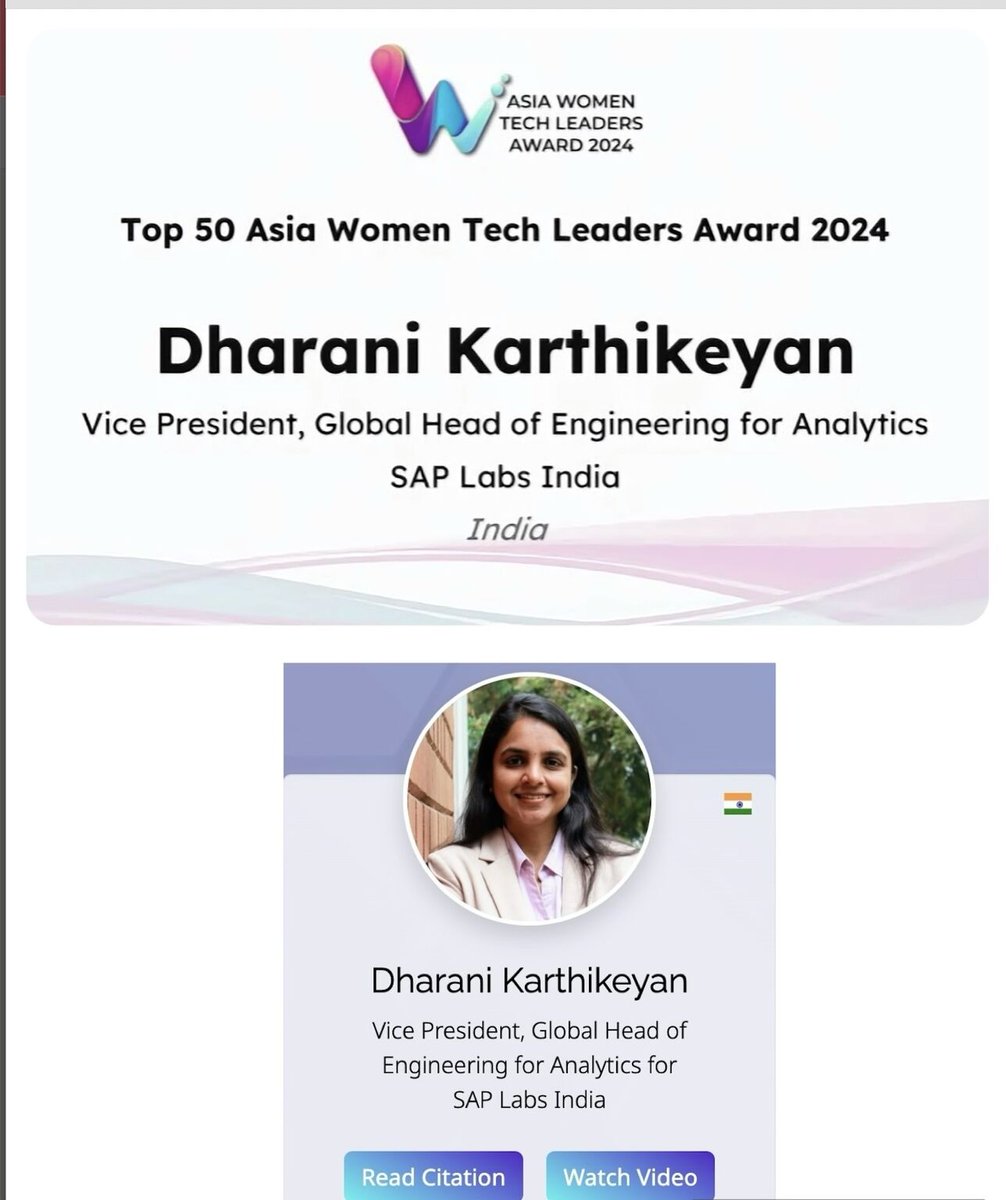 Hearty Congratulations @dharani_karth to receive this recognition of 'Asia Women Tech Leaders Award 2024' asiawomentech.com @gangadharansind @saplabsindia
