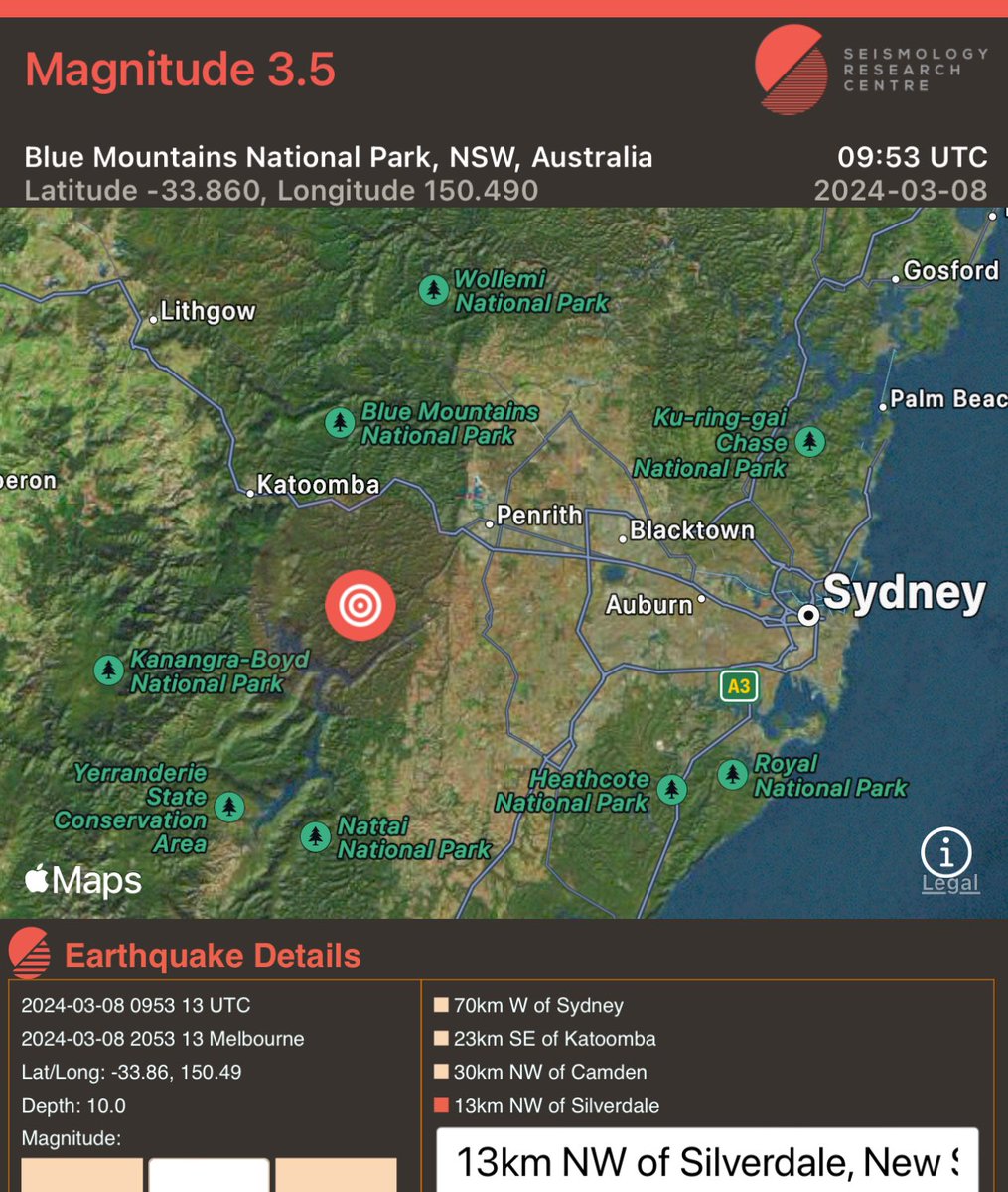 Earthquakes_AU's tweet photo. A magnitude 3.5 earthquake just occurred near Silverdale, west of Sydney NSW. Head to @EarthquakesGA to report what you felt https://t.co/o4GmThaCA9