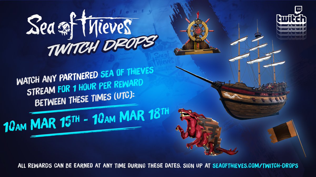 One week today we'll have a quartet of esteemed Eastern Winds Ruby ship parts available via Twitch Drops! Tune in to any partnered Sea of Thieves streamer for one hour per item from March 15th-18th (10am UTC).

🔗 Details: aka.ms/Twitch_Drops
