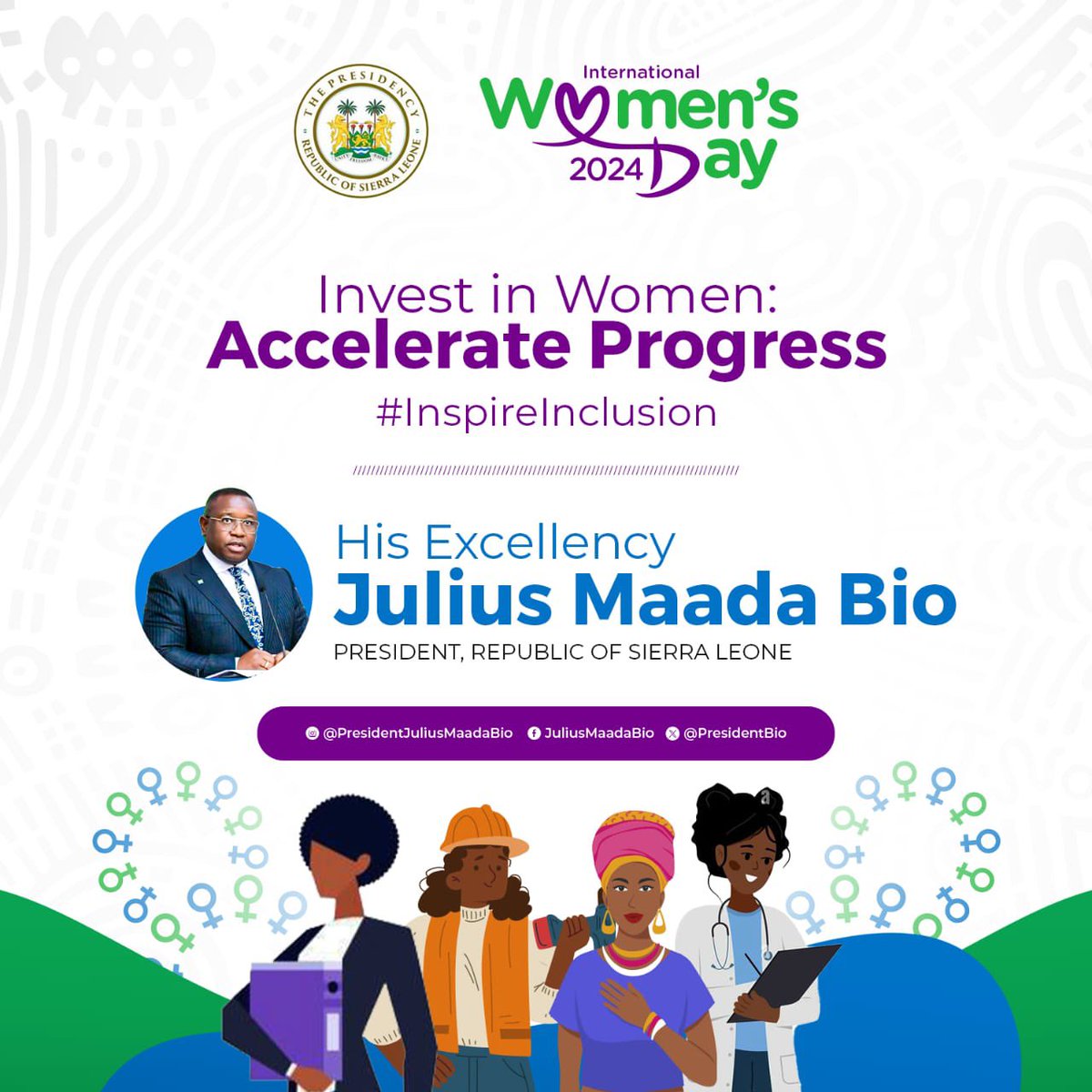 julius_maadabio's tweet photo. On this International Women’s Day 2024, I reaffirm my Government’s commitment to inspire inclusion and promote Women’s equality and economic empowerment in all spheres of our society.

Our landmark Gender Equality and Women’s Empowerment (GEWE) Bill 2023 has placed gender mainstreaming and equity at the centre of our national development efforts. Our policies and programmes are designed to break down barriers for women and girls in #SierraLeone.

Investing in our #Women is not only the right and smart thing to do; it's the surest pathway to sustainable and inclusive development in our nation. 

We will increasingly Invest in Women to Accelerate Progress in Sierra Leone. 

Today, we honour and celebrate the sacrifices and contributions of our Women in making Mama Sa Lone a more peaceful and prosperous nation. 

Happy #InternationalWomensDay!

#InspireInclusion 

#InvestInWomen

#IWD2024