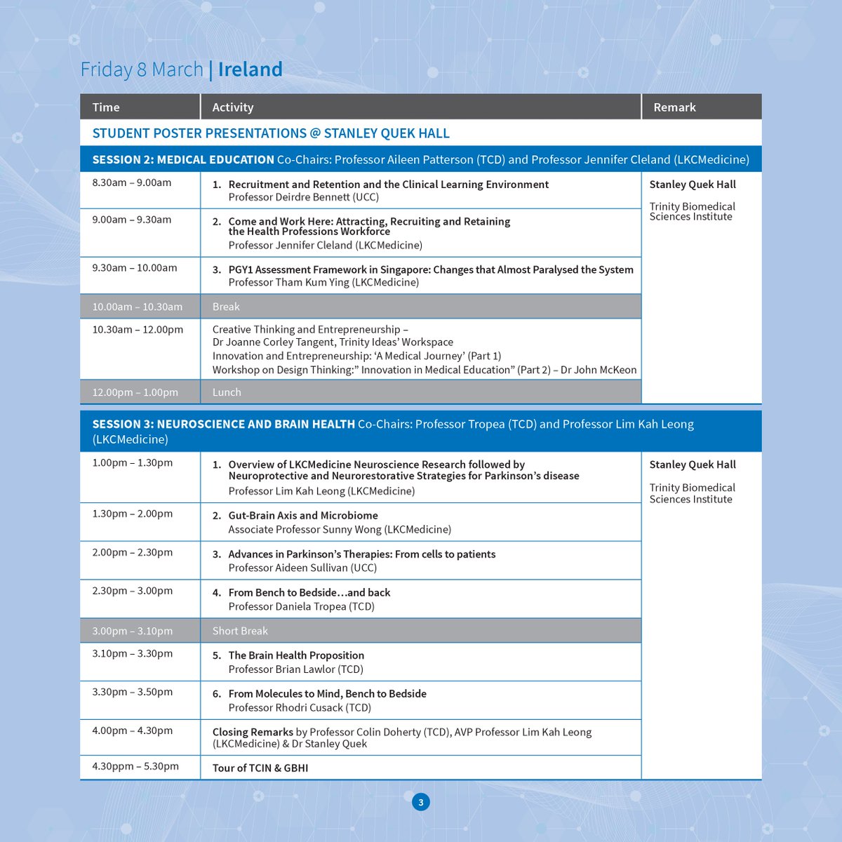 The Ireland Singapore Research Symposium continues today in TBSI. 

From 10:30 - 12 Dr. Joanne Corley Tangent will discuss Creative thinking and Entrepreneurship and <a href="/DrJMcKeon/">Dr John McKeon</a> will discuss Innovation, Entrepreneurship and Medical Education. 

#ThisIsTrinityMed