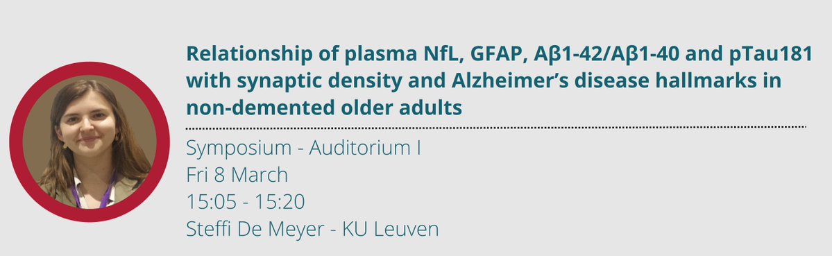 📢Join the Fluid biomarkers and imaging session 2 at #ADPD2024 where Steffi De Meyer from #LAMON_KUL will talk about associations of plasma synaptic biomarkers VAMP2, SNAP25 and GFAP, pTau181 & NfL with synaptic imaging in non-demented elderly💉🧓☢ #ADxInside @KU_Leuven