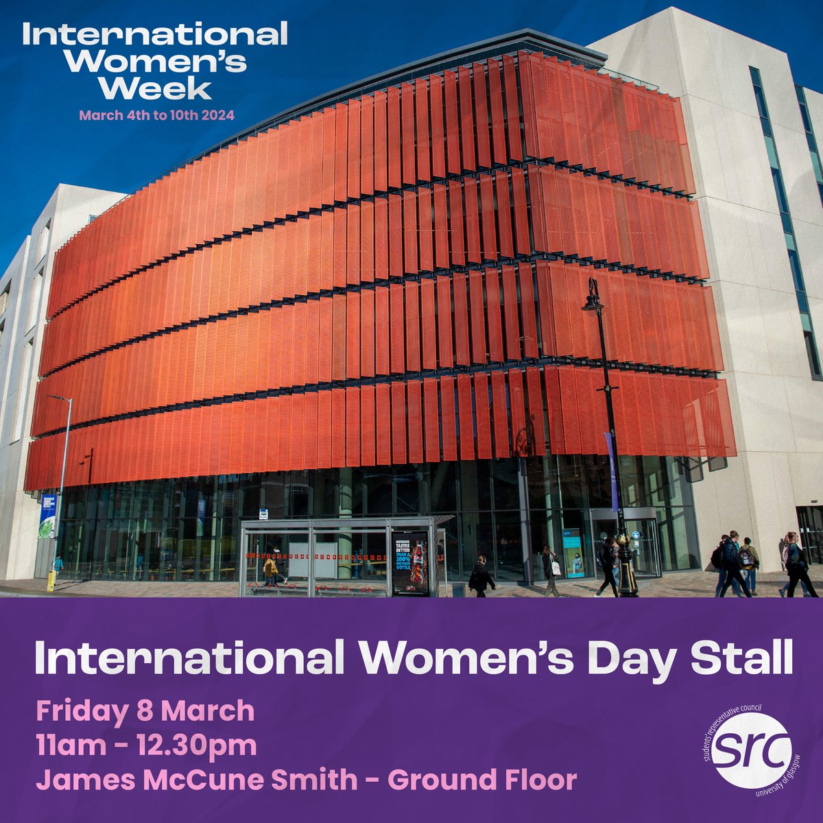 glasgowunisrc's tweet image. Happy #InternationalWomensDay! 💜

To celebrate we will be holding a stall in the JMS with some freebies and also an opportunity to say what you will do to fight equality for all women. Pop down to say hello and learn more about the meaning of this important day.

#IWD2024