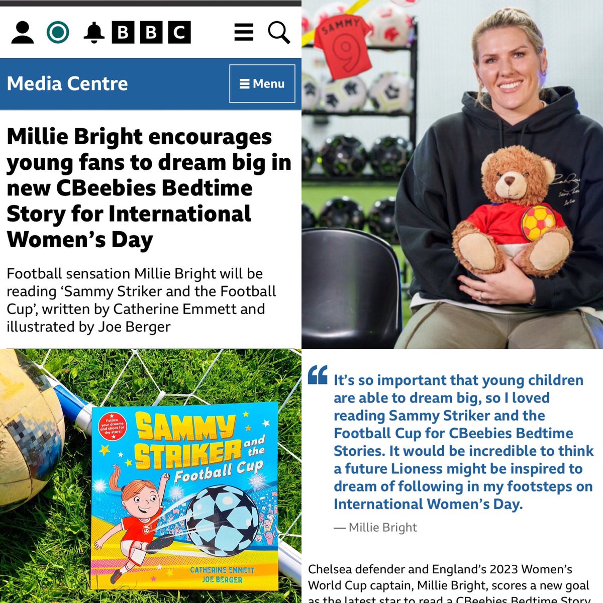 Absolutely blown away that SAMMY STRIKER will be tonight’s <a href="/CBeebiesHQ/">CBeebies Grown-Ups 🎉</a> CBEEBIES BEDTIME STORY!

Read by the amazing <a href="/Lionesses/">Lionesses</a> Captain <a href="/Mdawg1bright/">Millie Bright</a> for <a href="/womensday/">Women's Day</a> 🎉

So honoured that my idea for a story about a little girl with a wonky kick has been chosen! 
#BedtimeStories