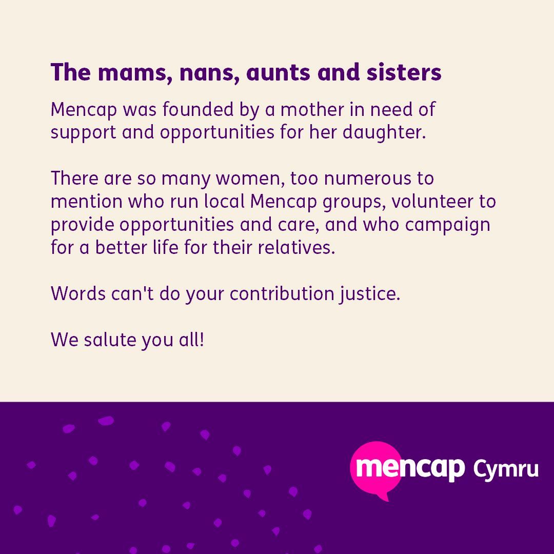 MencapCymru's tweet photo. This International Women's Day we salute the Welsh mams, nans, aunts and sisters who contribute to their relative's lives.

#IWD2024 #InspireInclusion #InternationalWomensDay https://t.co/T95Lq5ham9