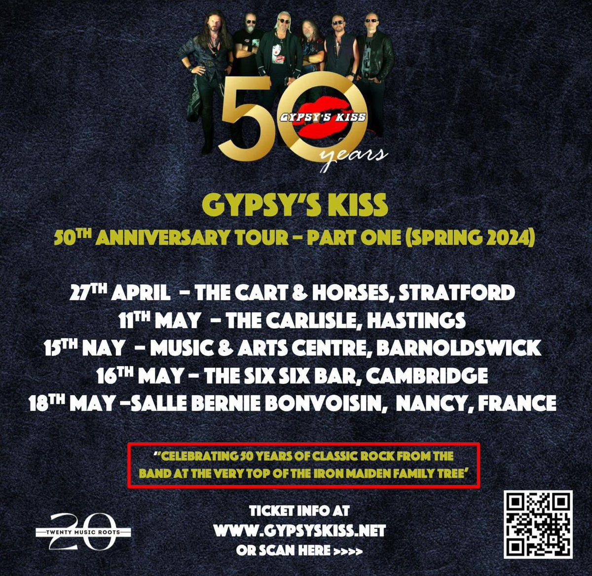 We are really excited to confirm the first leg of Gypsy’s Kiss’ 50th Anniversary Tour (Spring 2024). Tickets /Information for all of the gigs on the tour can be found at gypsyskiss.net Details of the next part of the tour will be announced soon.