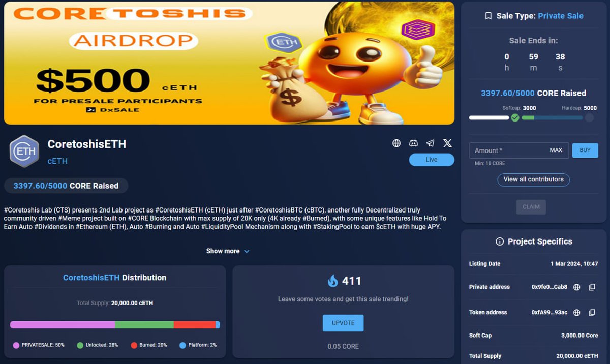 🗓Only last 1 hour left #Coretoshis 🔸! The clock is winding down on our <a href="/CoretoshisETH/">Coretoshis Ethereum</a> #Presale 🔥

💹 #DxSale: "core.coretoshis.xyz/PcETH"

💥Don't let this opportunity slip away💰

🎁 #AIRDROP: "forms.gle/vj8fe1dFjtDhqt…"

🎯Secure your spot for your future of #Crypto before it's