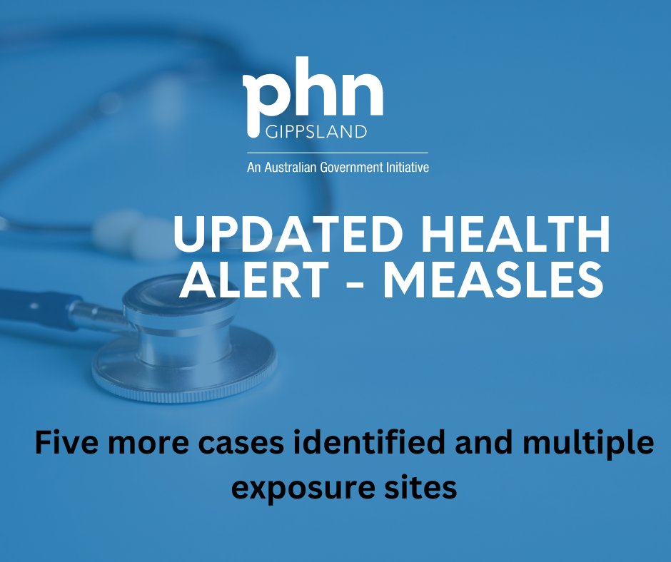 MEASLES ALERT. Five more cases of measles have been identified in Victoria. They attended multiple exposure sites in Melbourne and surrounds between 19 Feb 2024 and 1 March 2024 while infectious.   rb.gy/928ysz
#Gippsland #measles #morecases #multiplesites