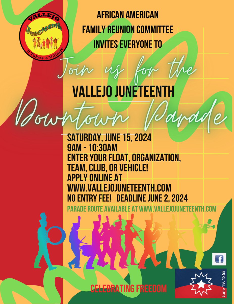 Save the  date and participate in Vallejo's Juneteenth Festival and Parade on Saturday, Jun 15, 2024. Get details and apply online at vallejojuneteenth.com.
