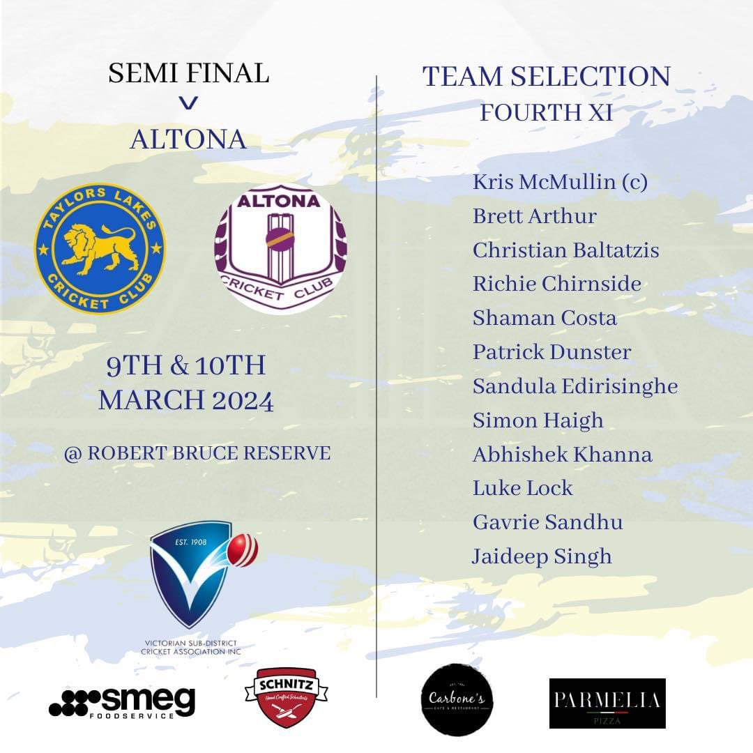 Taylors Lakes CC (@tlcc_1982) on Twitter photo Weekend <a href="/SubbiesCricket/">VSDCA</a> Finals Teams
2nd XI at home v <a href="/BrunswickCC1/">Brunswick CC</a> Coverage on Lions TV youtube.com/live/Pbxomjk3Nβ¦
3rd XI away at Hogans Road Reserve Coverage on <a href="/HoppersCricket/">HCCC</a> YouTube youtube.com/live/rBiMEDclsβ¦
4th XI at Robert Bruce v <a href="/AltonaCC/">Altona Cricket Club</a> Weekend <a href="/SubbiesCricket/">VSDCA</a> Finals Teams
2nd XI at home v <a href="/BrunswickCC1/">Brunswick CC</a> Coverage on Lions TV youtube.com/live/Pbxomjk3Nβ¦
3rd XI away at Hogans Road Reserve Coverage on <a href="/HoppersCricket/">HCCC</a> YouTube youtube.com/live/rBiMEDclsβ¦
4th XI at Robert Bruce v <a href="/AltonaCC/">Altona Cricket Club</a>