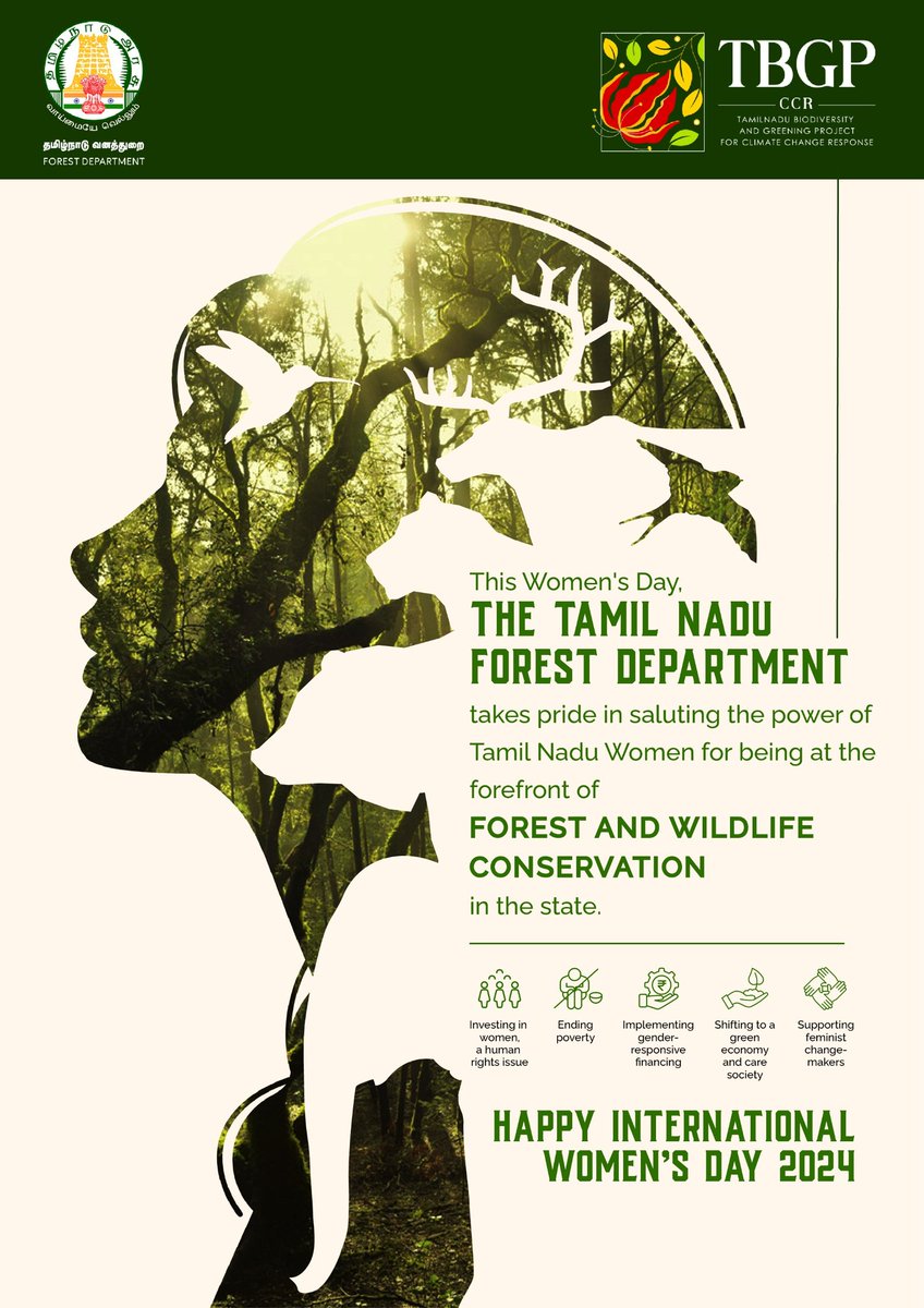 🌿 On #InternationalWomensDay, Tamil Nadu Forest department honors the role of incredible women contributing to biodiversity conservation, forest protection, sustainable practices, and environmental stewardship. Together, we pave the way for a greener, more inclusive future 💚🌍