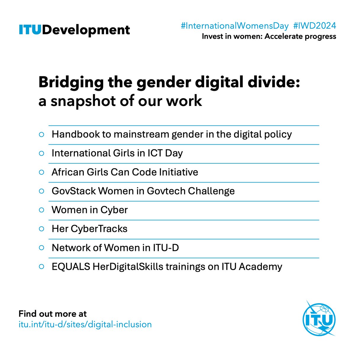 On #IWD2024, I am pleased to share <a href="/ITUDevelopment/">ITU Development</a>'s numerous initiatives to encourage the participation of women &amp; girls in ICT at all levels &amp; ensure that girls &amp; women are included in the tech sector for an equitable &amp; impactful #DigitalFuture for all! #InternationalWomensDay
