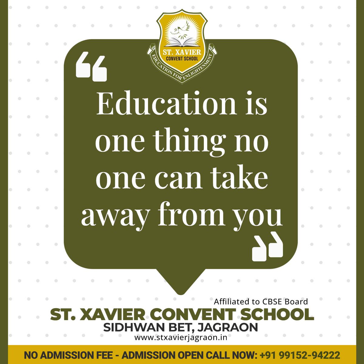 StXCSchool's tweet photo. Education is one thing no one can take away from you

St. Xavier Convent School
Admission Open For 2024-2025
Sidhwan Bet (Jagraon)
Call Now: +91 99152-94222
#StXavierConventSchool #AdmissionOpen #NoAdmissionFees #Quotes #SidhwanBet #DailyQuotes #Thoughts https://t.co/qzJF4xtAUm
