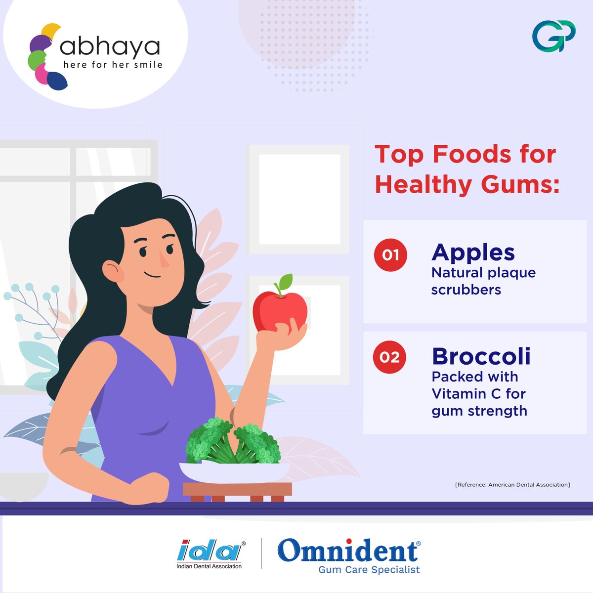 Want a dazzling smile? Start with healthy gums! Munch on apples, nature's plaque scrubbers, and broccoli, rich in Vitamin C for gum strength! 😁💫
 
#HealthySmilesMatter #Abhaya #ida  #HealthyGums #oralhealth #gumhealth #smile