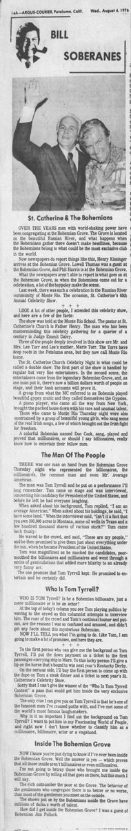 Subject:  Bohemian Grove
Petaluma Argus-Courier
Petaluma, California · Wednesday, August 04, 1976
#americanhistorybythevoiceofthepeople #history #newspapers #archived #bohemiangrove
#elites #satanicworship #ritual #millionaires 
More: t.me/Americanhistor…