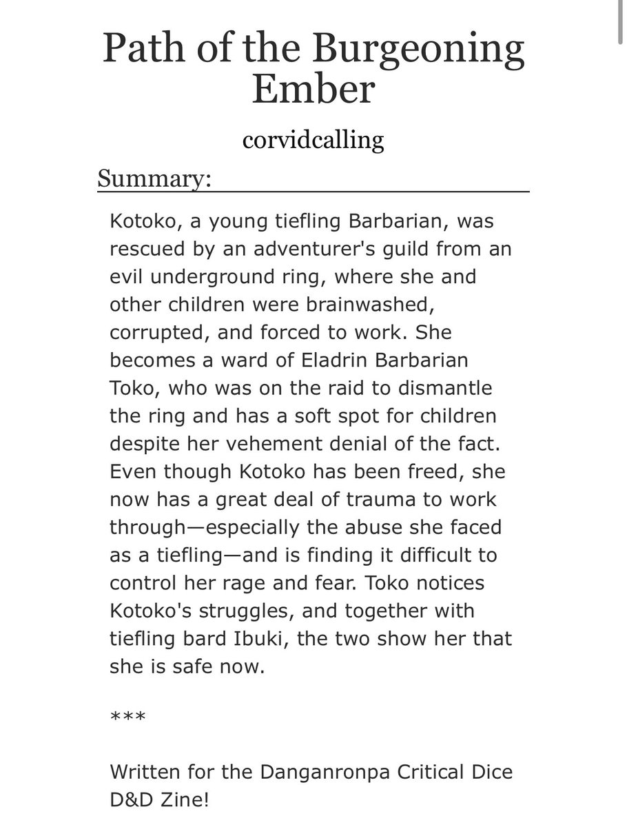 new fic just dropped :) this is a piece i wrote for <a href="/drcritdicezine/">drcriticaldicezine | ZINE OUT NOW!</a> which you can download NOW! i had a lot of fun working on my piece and modding for this project, so please check it out :)
archiveofourown.org/works/54323065