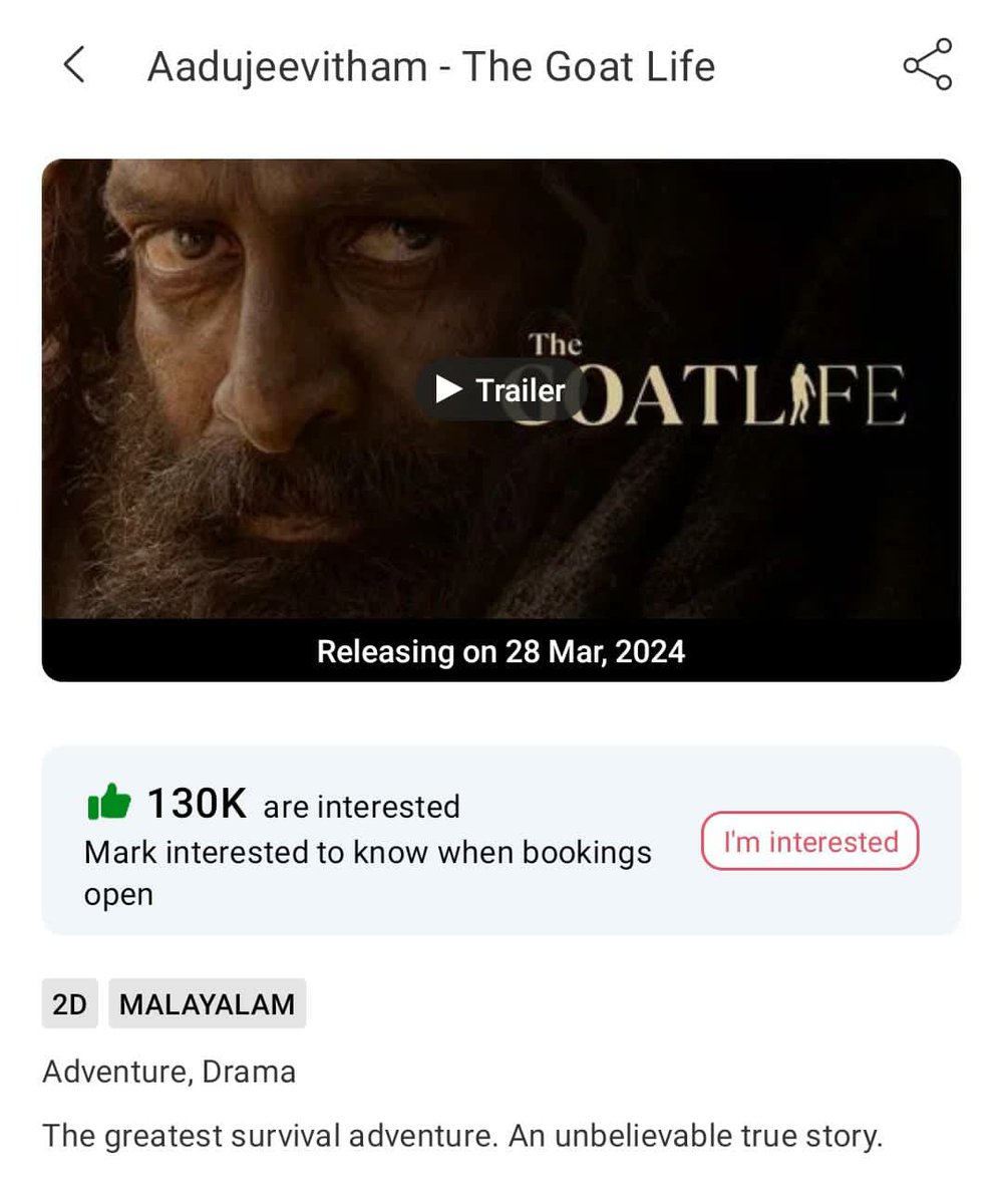 Prithvians's tweet photo. #Aadujeevitham / #TheGoatLife Crossed 130K BookMyShow Interest.!🔥🤌🏻
In Cinemas From March 28!!❤‍🔥
#PrithvirajSukumaran https://t.co/ppI1fJj1op