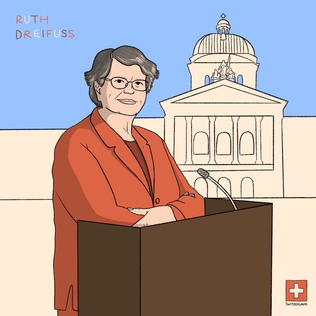 Today is International #WomensDay!

25 years ago, Ruth Dreifuss was the first woman to held the office of President of the Swiss Confederation! 🇨🇭 #SwissWoman

✏️ Illustration by Elisa Siro