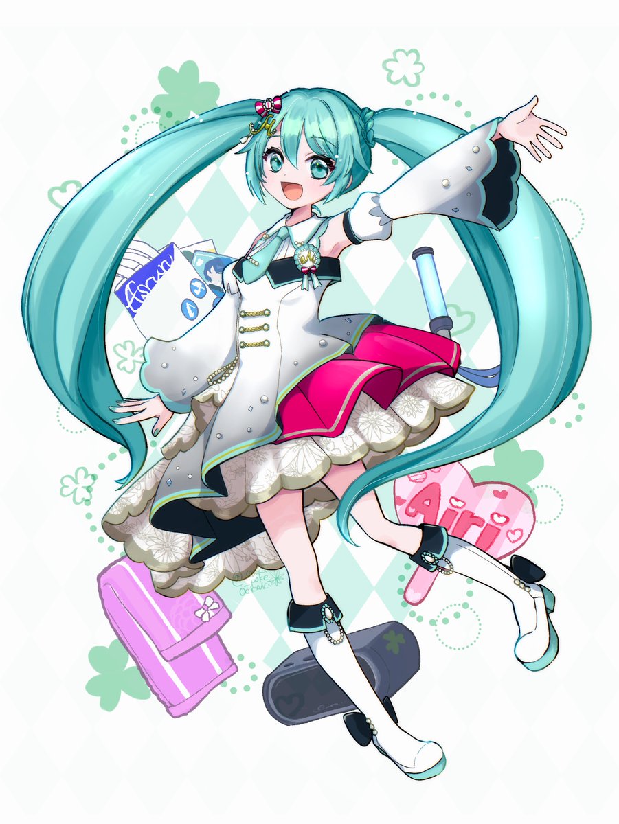 hatsune miku 1girl twintails long hair detached sleeves solo smile boots  illustration images