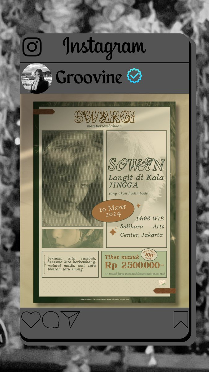 GROOVlNE's tweet photo. ️️️️ 
𝙂𝙧𝙤𝙤𝙫𝙞𝙣𝙚 uploaded a new post.

Groods! Acara 'SOWAN : Langit Di Kala "Jingga"' digelar fi Salihara Arts Center, Jakarta dan terbatas hanya untuk 100 orang saja! Penjualan tiketnya dibuka sampai tanggal 10 Maret sampai pukul 15:00 GMT +7! #SOWANJINGGA
️️️️ https://t.co/Piizrh5oPQ