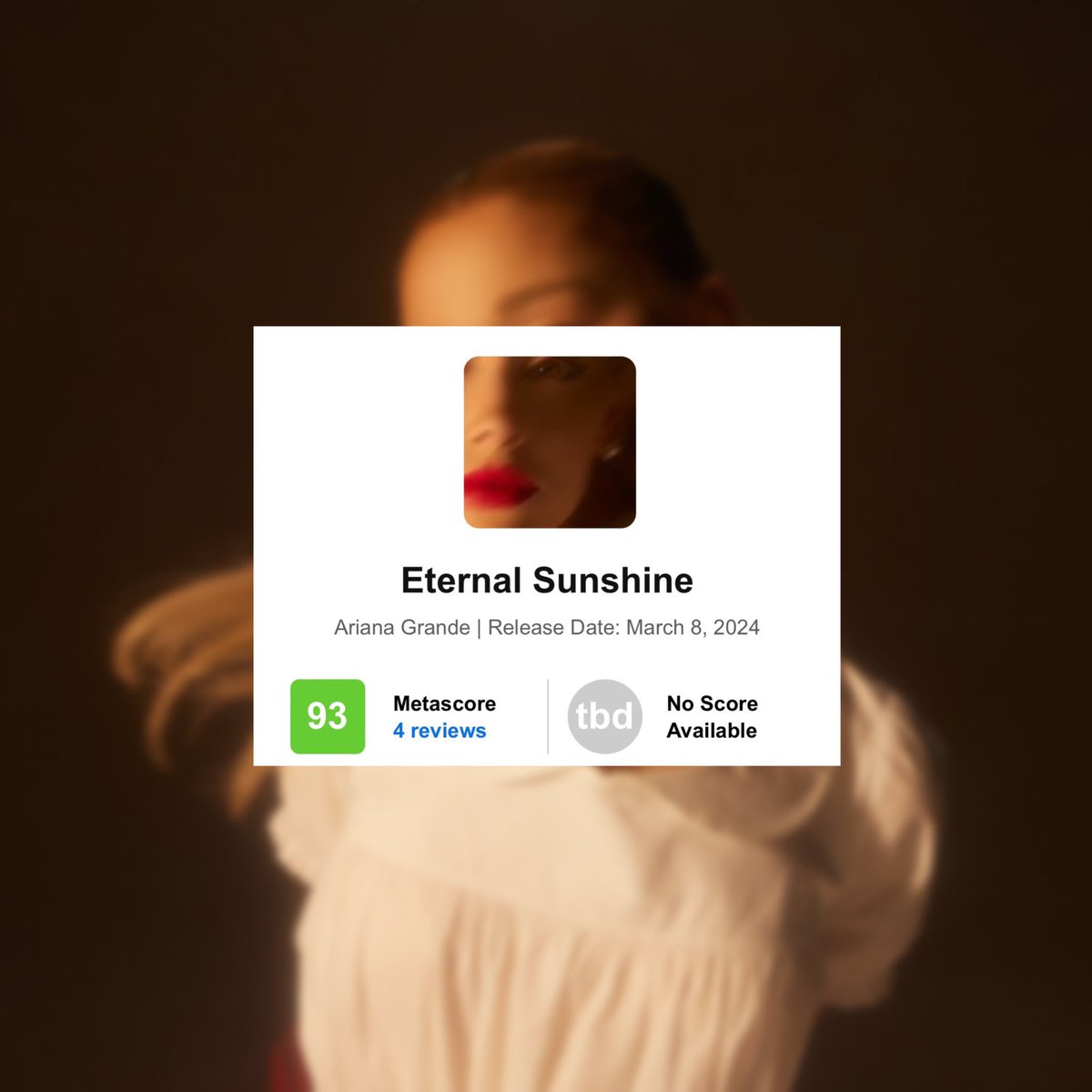 siteptbr's tweet image. “eternal sunshine” é o álbum mais bem avaliado de Ariana Grande no Metacritic. 

Além disso, é também o mais bem avaliado de 2024, até agora. ✨