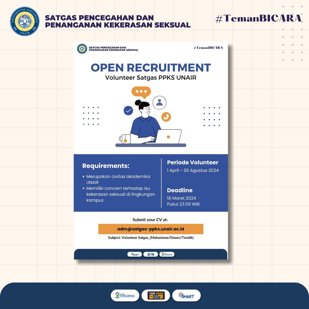 PpkptUnair's tweet photo. [OPEN RECUITMENT VOLUNTEER SATGAS PPKS UNAIR]

Hai Teman! Satgas PPKS Universitas Airlangga sedang mengadakan open recruitment untuk volunteer! Bagi teman-teman yang memiliki minat dan kepedulian terhadap isu kekerasan seksual di lingkungan kampus dan memenuhi persyaratan - https://t.co/2jDxHJcTBT