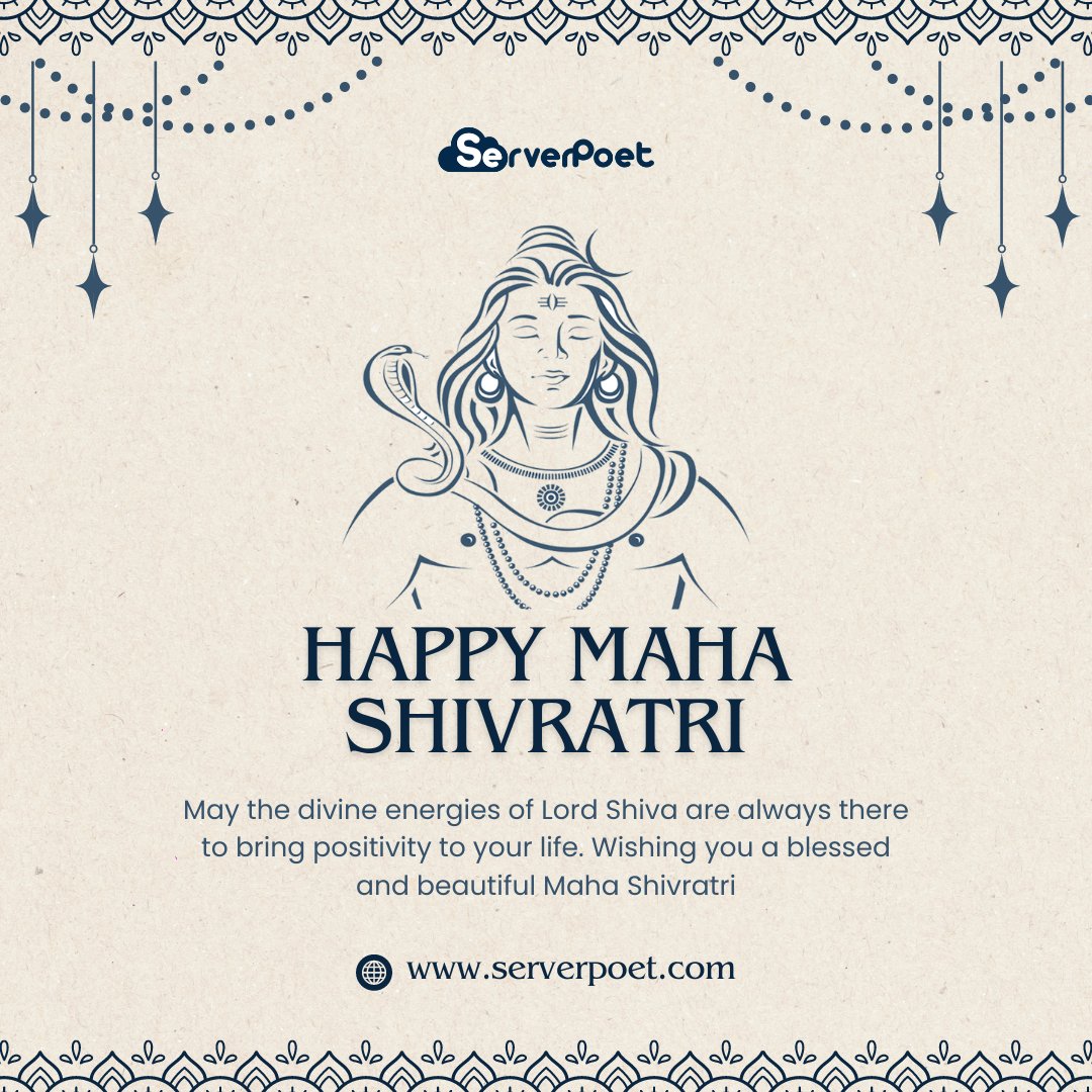 ServerPoet's tweet image. ServerPoet wishes you and your loved ones a day filled with peace, prosperity, and profound blessings from Lord Shiva. May this auspicious occasion light up your path towards success and enlightenment. Om Namah Shivaya! 🕉️

#happymahashivratri #festival #blessings #auspiciousday