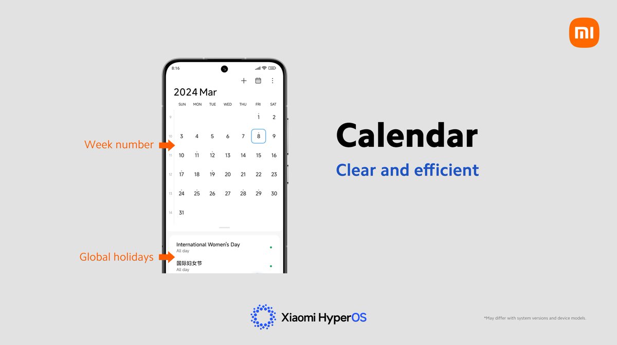 Xiaomi HyperOS on X: "🗒Week number 🌏Global holidays 📍Different type of  calendars #XiaomiHyperOS added many practical functions to bring you more  convenience. 💡Tips: 1. Tab on the 3-dots icon in the upper